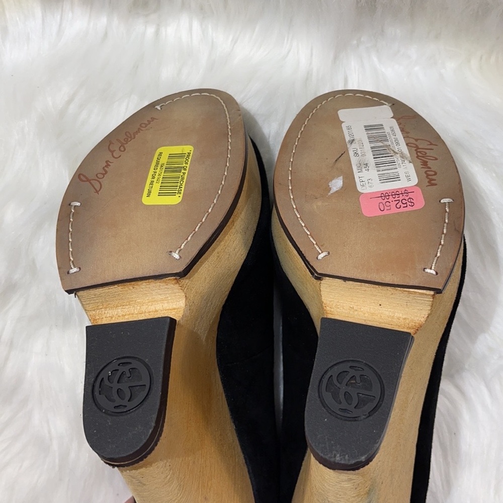NWT Sam Edelman Black Leather Loafer Tassels & Wood Wedge Platform - Picture 12 of 16